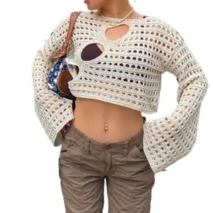 Cream White Crochet Cutout Crop Sweater Bell Sleeves Boho Coachella Fest Coastal